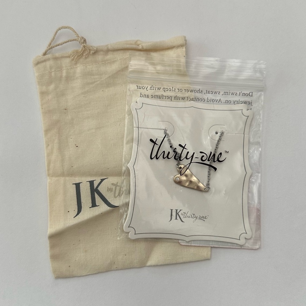 JK by Thirty-one Whisper Heart Necklace & Gift Bag Two Tone 18” Gold Silver